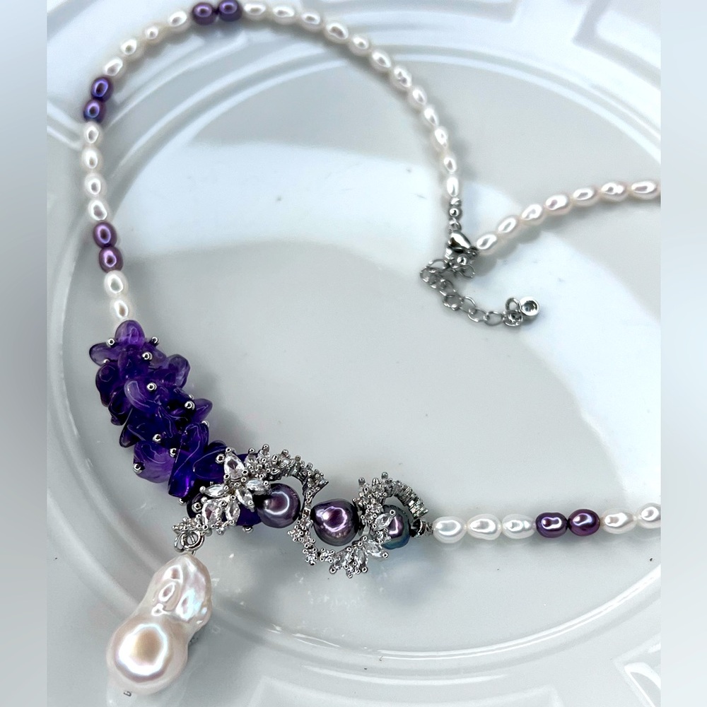 Handmade Freshwater Blueberry 🫐 Pearl High Quality Amethyst Flameball Necklace